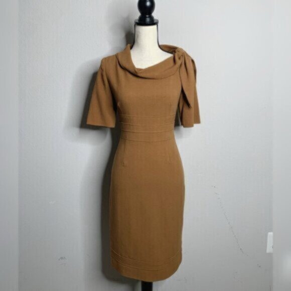 Suite 7 Elegant Camel Cowl Neckline with Shoulder Bow Sheath Dress - Picture 5 of 15